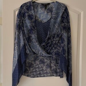 BCBG Maxaria  Navy Patterned Long-Sleeve Wrap Top